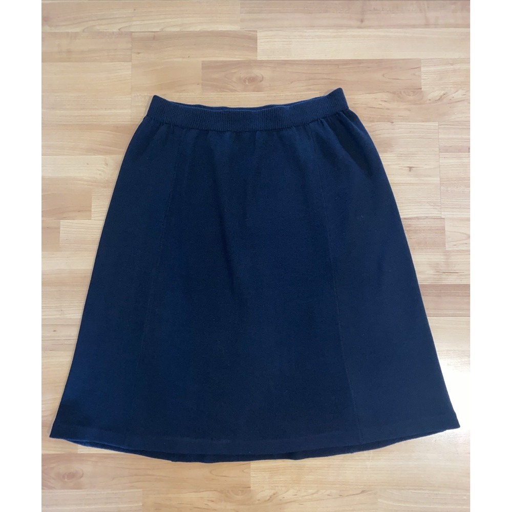 St John Separates Knit Skirt A Line Size 12 Black Wool Elastic Waist Knee Length
